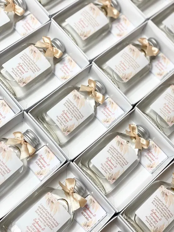 Boxed wedding favours with labels and ribbon